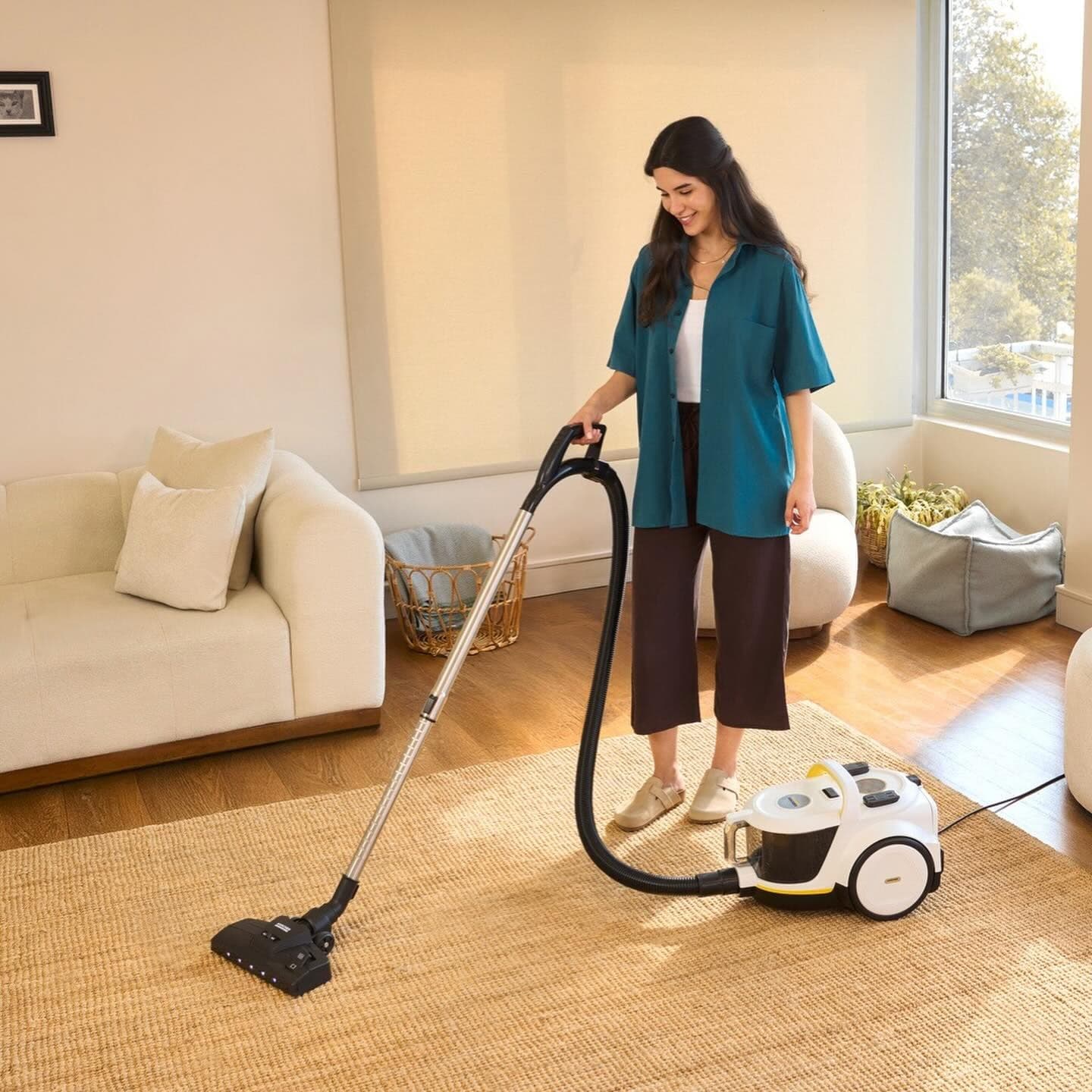 A woman in a teal shirt and brown trousers vacuuming a sunlit living room with a Kärcher Cyclonex.